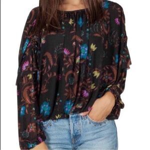 Free People Black Floral Wildflower Honey Mesh Ruffle Peasant Blouse S